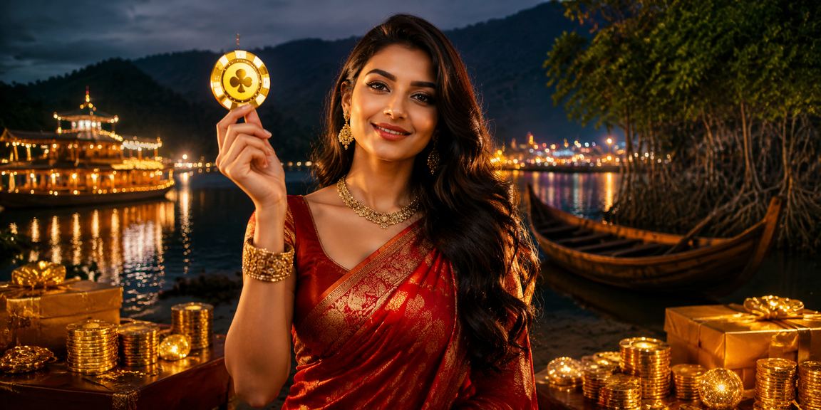 সুন্দরবনের পটভূমিতে একজন বাংলাদেশি মডেল tk3666 রিবেট বোনাস ভাউচার দেখাচ্ছেন